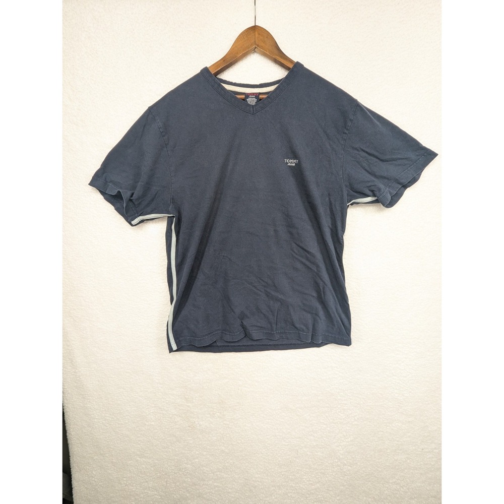 Y2K Tommy Jeans Embroidered V Neck Collar Navy Blue T-Shirt Men's L